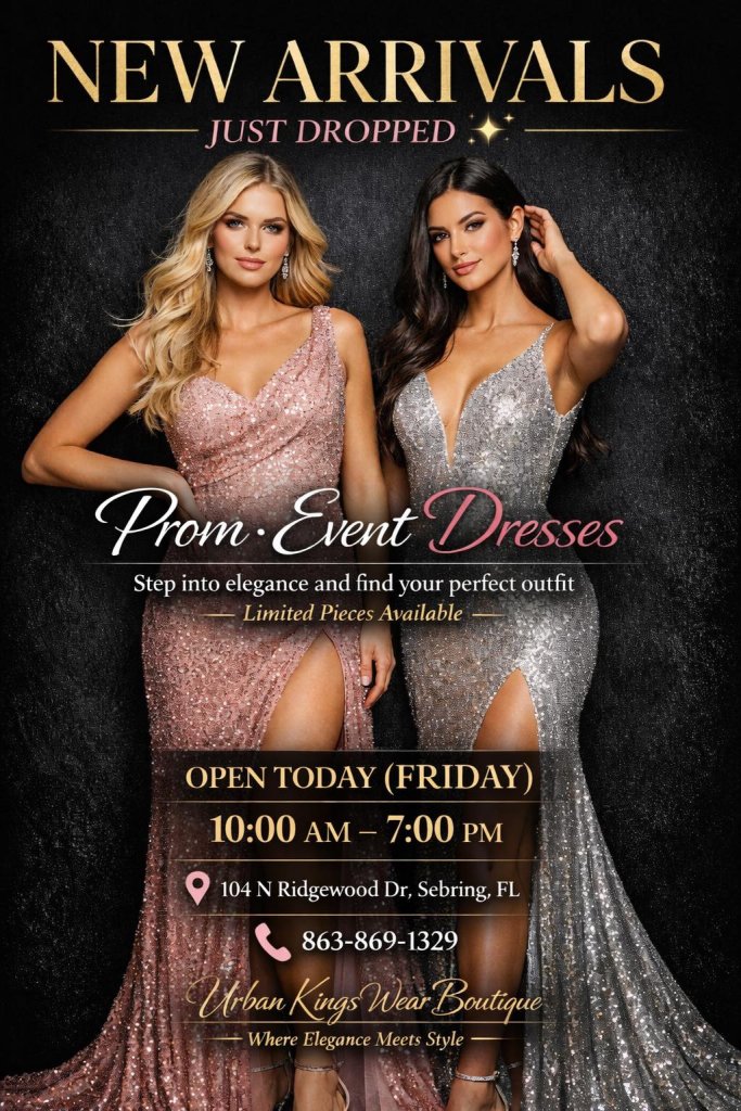 May be an image of text that says 'NEW ARRIVALS JUST DROPPED Prom Event Dresses Step into elegance and find your perfect outfit Limited Pieces Available OPEN OPENTODAY(FRIDAY) TODAY (FRIDAY) 10：00 AM 10:00AM-7:00PM AM-7:00p 7:00 PM 104 N Ridgewood Dr, Sebring, FL 863-869-1329 Urban Kings Wear Boutique u Where Elegance Meets Style'