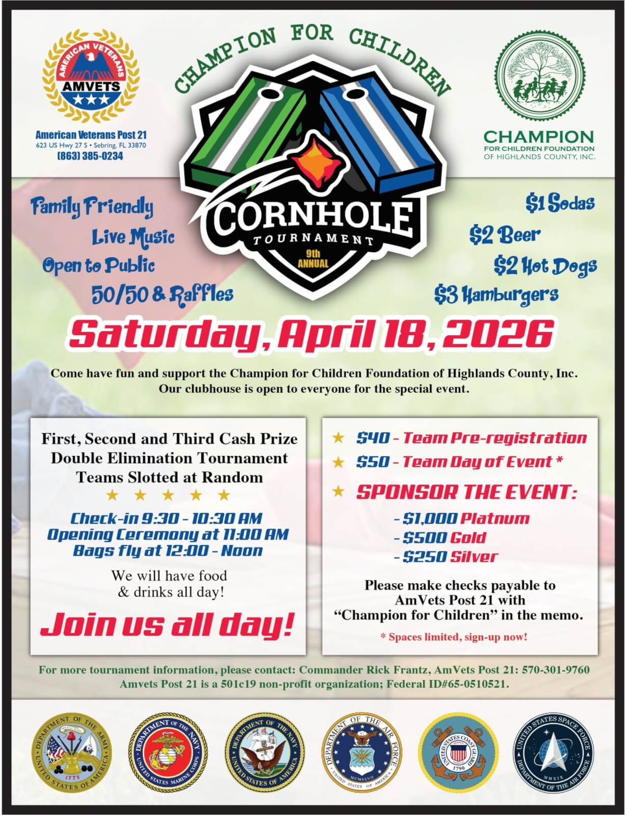Flyer describing Champion for Children cornhole tournament. It shows what entertainment, food, and drinks will be available at a small price and also shows sponsorship information.