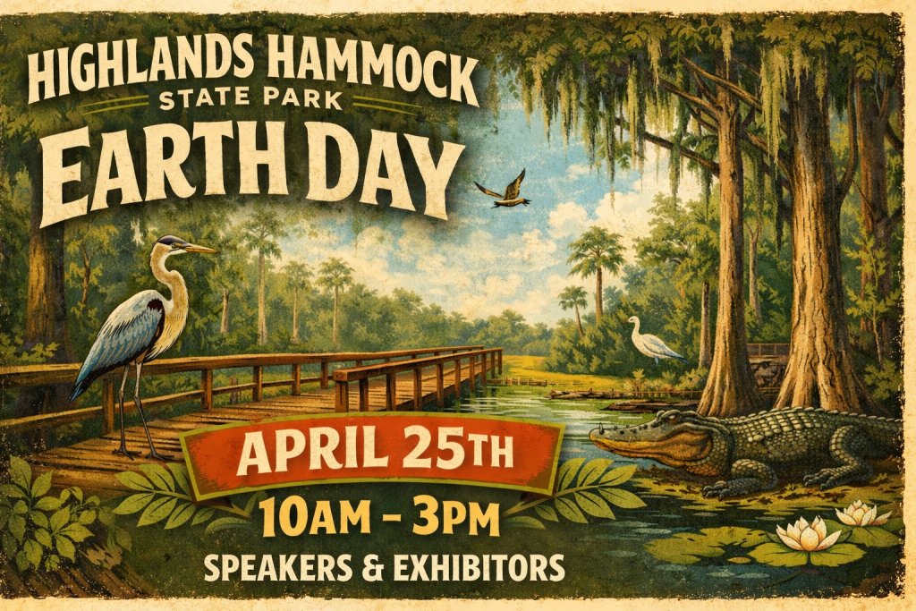 Flyer advertising Earth Day at Highlands Hammock with a backdrop of Florida greenery with a crane and alligator in the foreground.