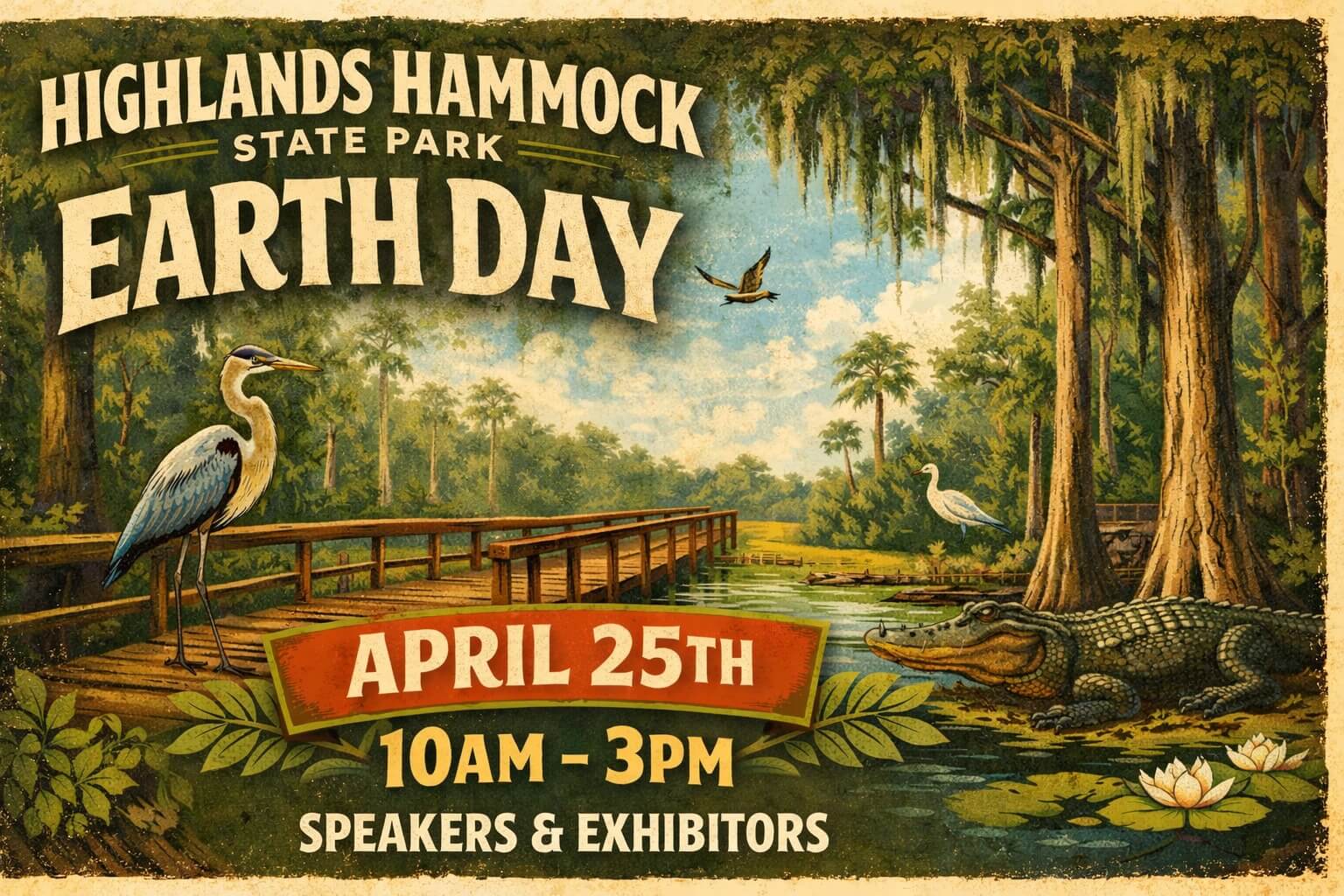 Flyer advertising Earth Day at Highlands Hammock with a backdrop of Florida greenery with a crane and alligator in the foreground.