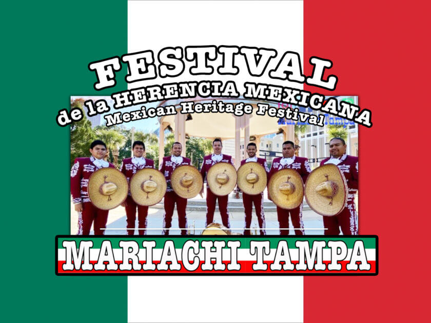 Mexican heritage festival flyer showcasing a mariachi band and displaying festival information at Alan Jay Wildstein with a green white and red background