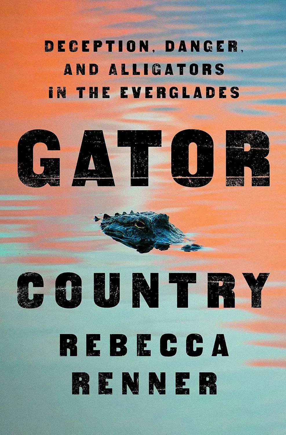 Book cover of Gator Country by Rebecca Renner, showing an alligator’s head emerging from water against a pink and blue sky.