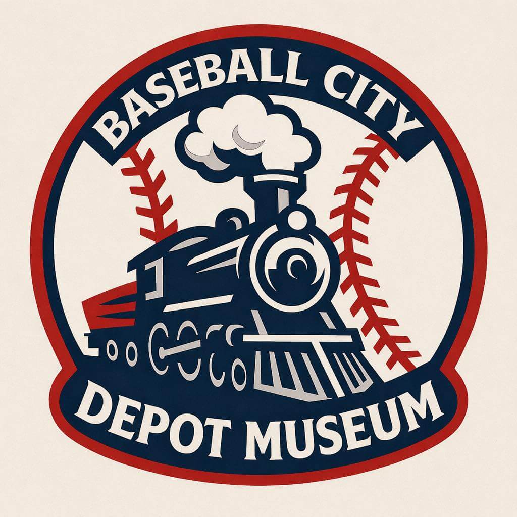 Baseball Museum logo with a steam engine up front and the background being a baseball and the title "Baseball City Depot Museum"