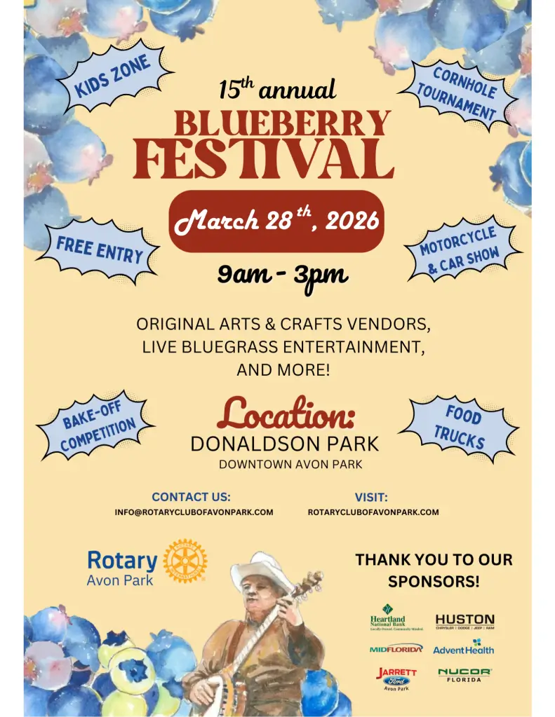 Poster advertising the 15th Annual Blueberry Festival on March 28, 2026, 9 a.m.–3 p.m., at Donaldson Park in downtown Avon Park, featuring free entry, food, music, activities, and blueberry-themed artwork.