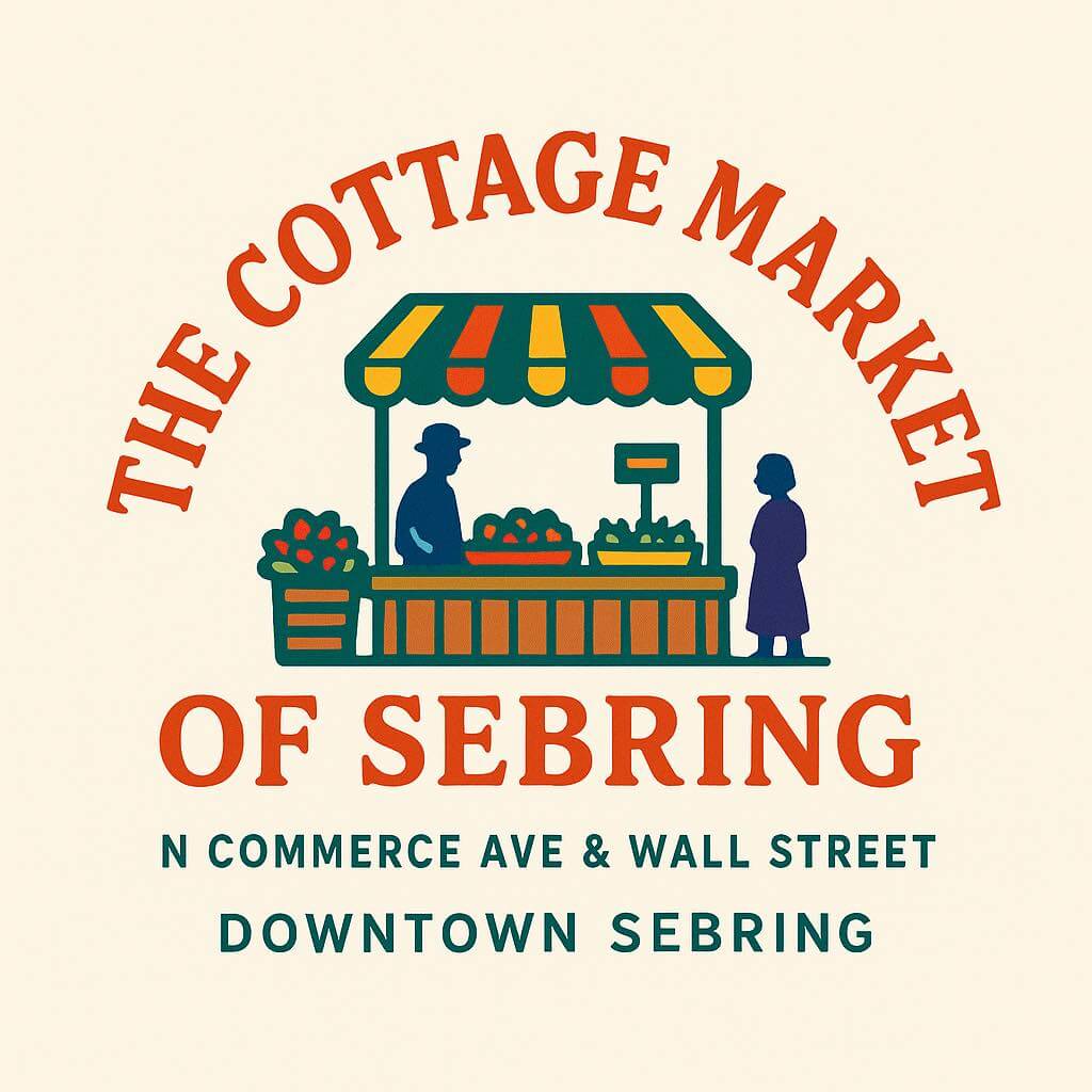 cottage market-visit-sebring-fl The Cottage Market logo, orange font against a pale background with an outline of 2 people at a farmer's market.