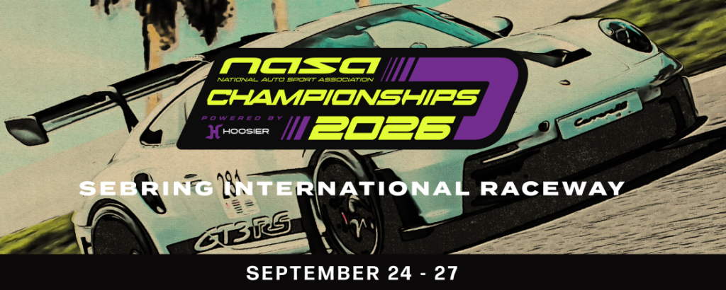 National Auto Sport Association Championship 2026 flyer showing a corvette in a cartoon like design showcasing the upcoming race at Sebring Raceway.