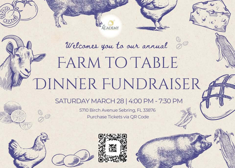 he beige poster features blue hand-drawn farm illustrations including a goat, chickens, pigs, eggs, cheese, corn, bread, tomatoes, and citrus around the border, with a QR code at the bottom for purchasing tickets.