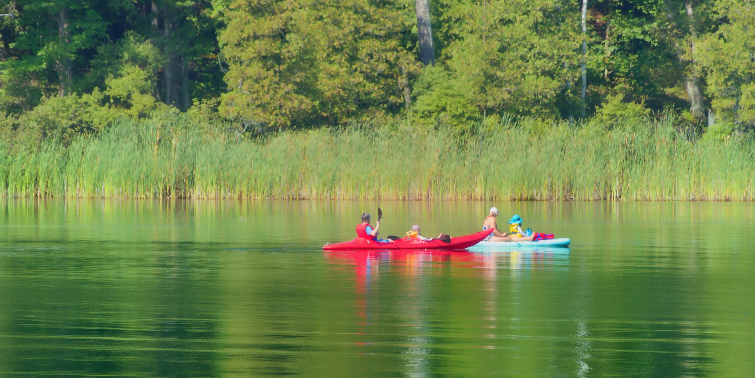 Family in canoes and kayaks on the lake