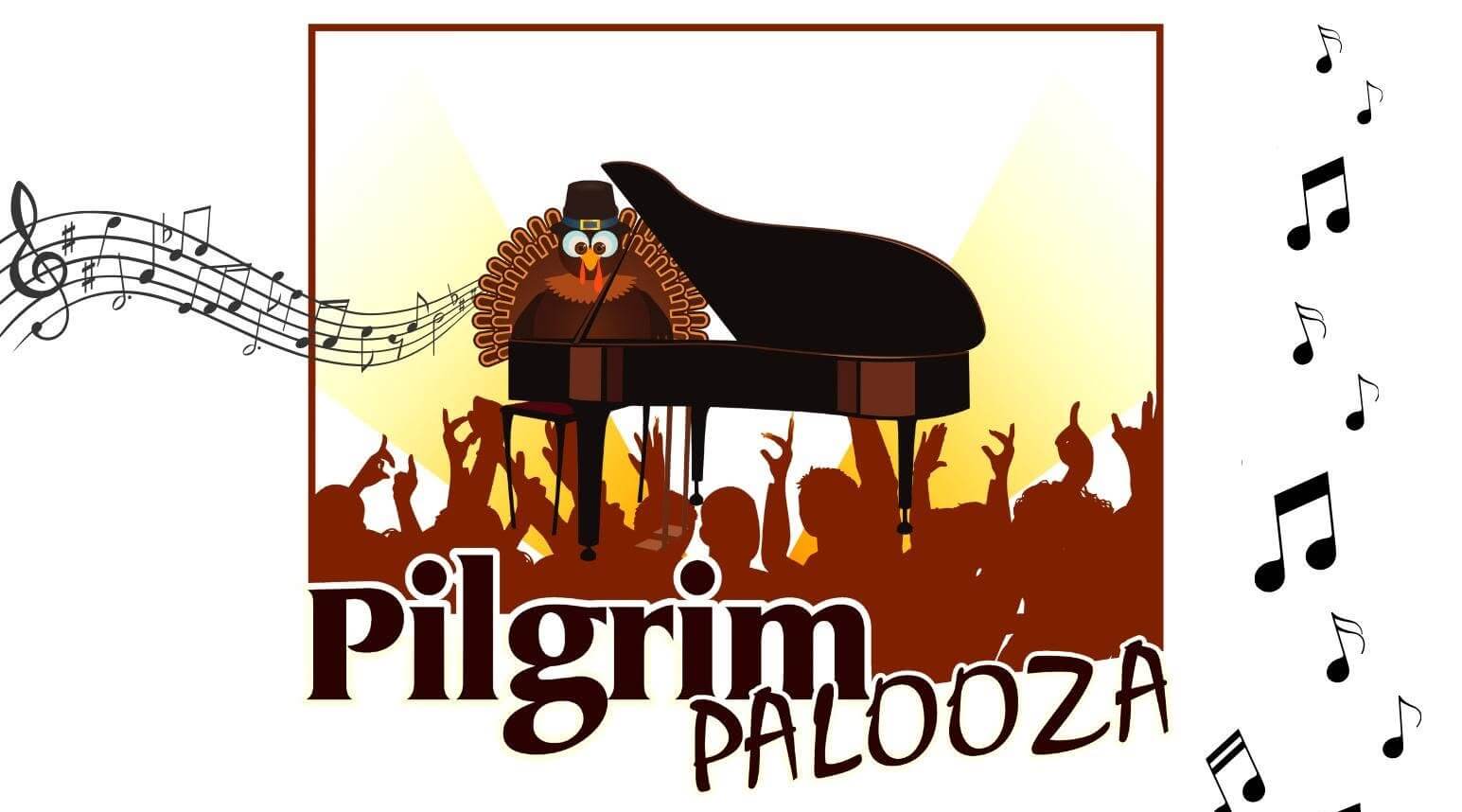 pilgrim-visit-sebring-fl Pilgrim Palooza advertisement flyer with a cartoon turkey playing a piano.