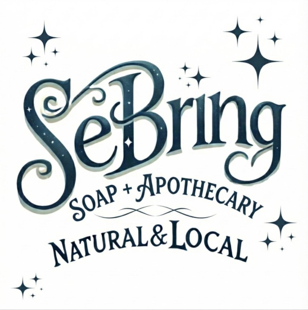 Decorative logo for Sebring Soap + Apothecary, featuring elegant vintage-style lettering with star accents and the words ‘Natural & Local,’ located in Sebring, Florida.