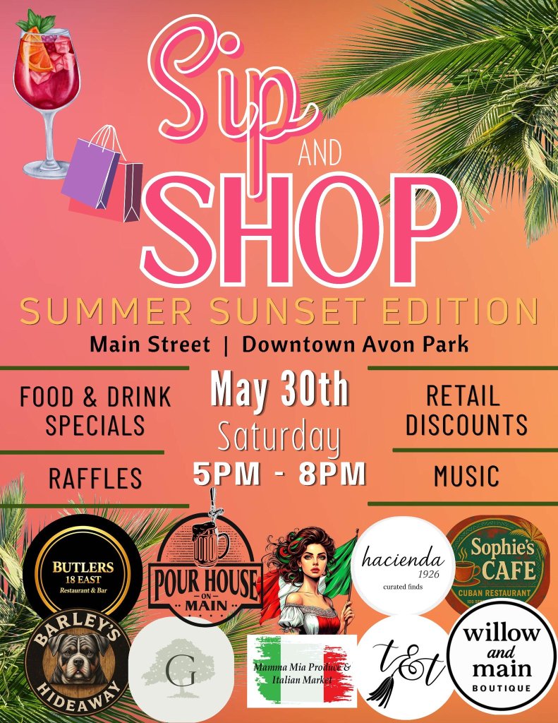 Pink and orange sunset flyer showcasing a sip and shop event in Avon Park Fl with a collab of vendors.
