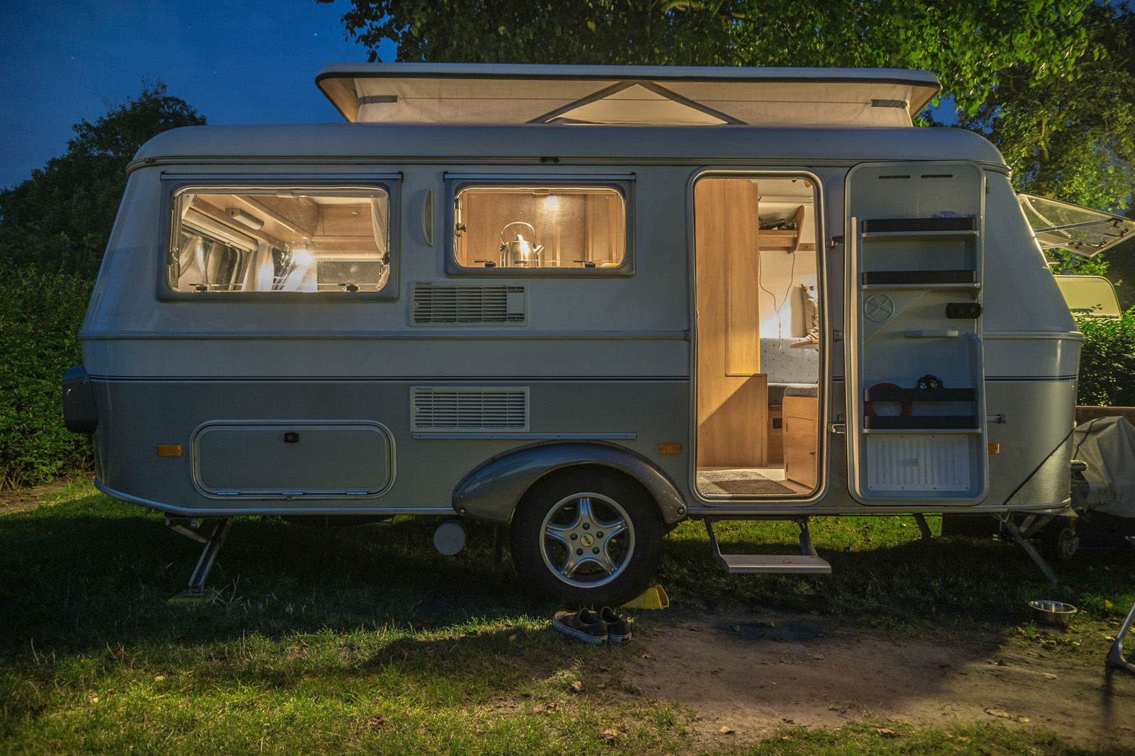 RV exterior at night