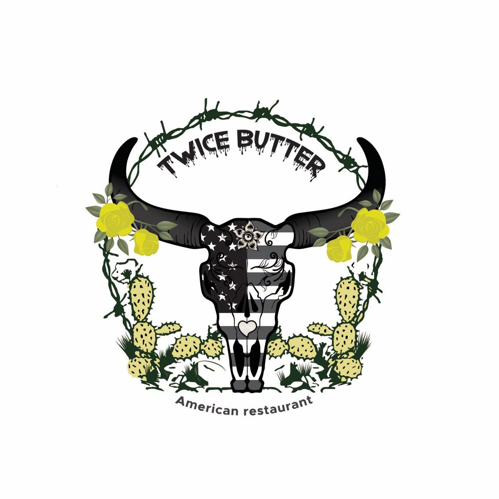 twice-visit-sebring-fl Twice Butter logo featuring a skull of a bison with decorative yellow and green cacti and flowers.