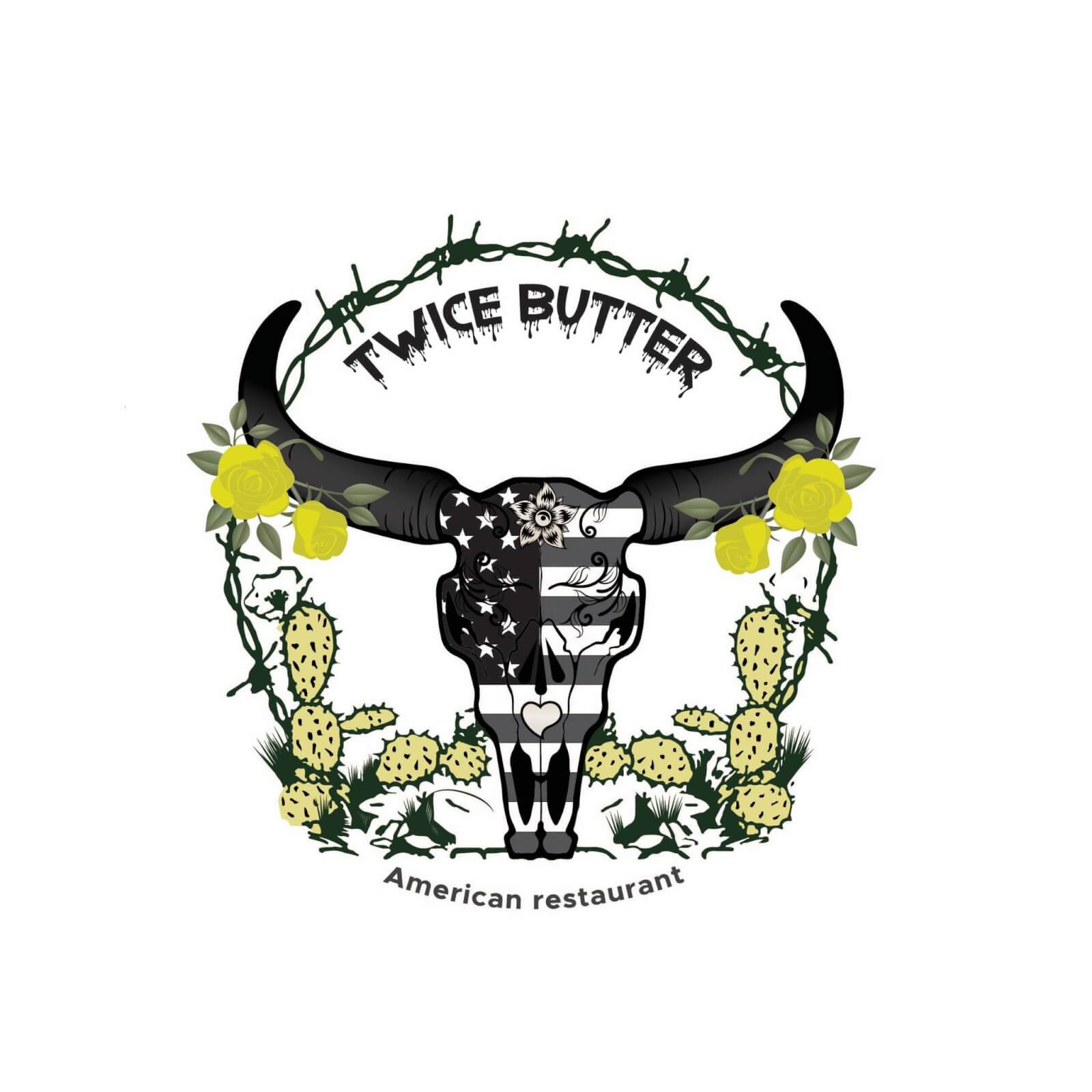 twice-visit-sebring-fl Twice Butter logo featuring a skull of a bison with decorative yellow and green cacti and flowers.